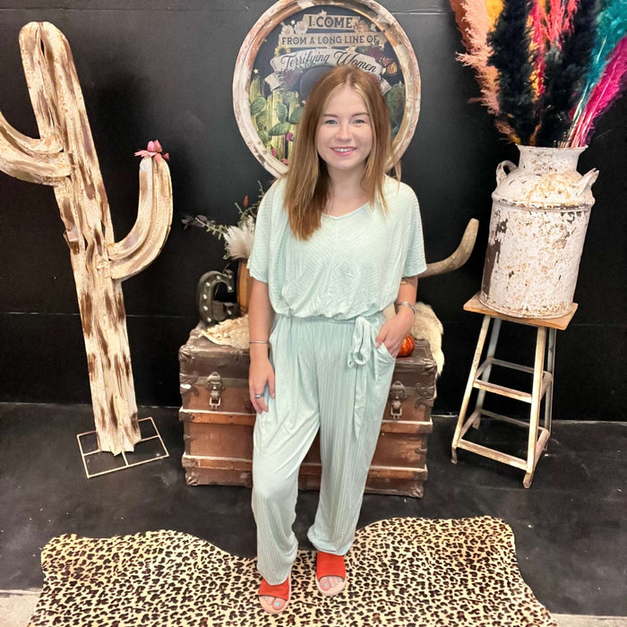 Light Sage Tie Waist Romper Jumpsuit / Small - Country Lace Boutique