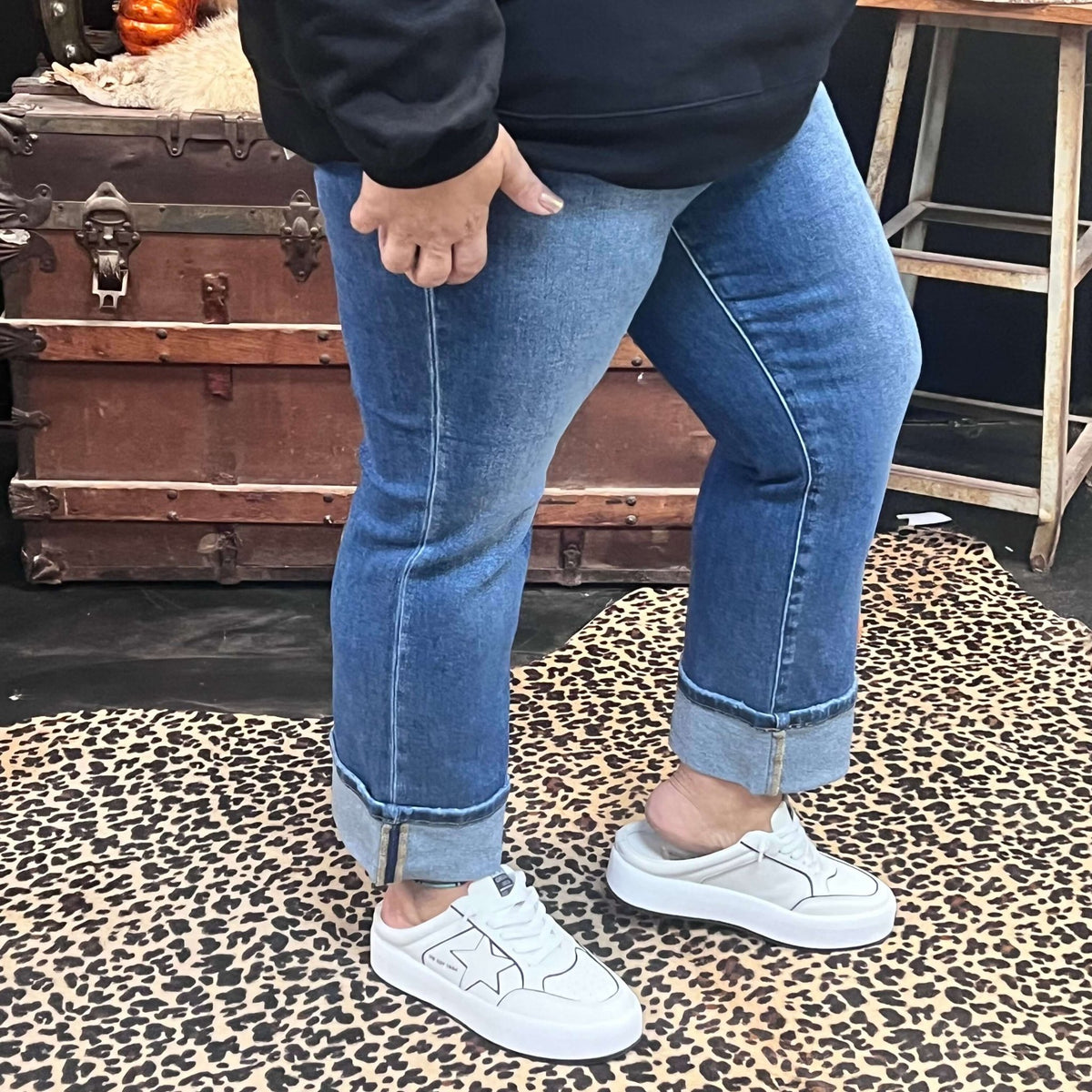 Medium Wash No Hole Risen Straight Cuffed Perfect Jeans - Country Lace Boutique