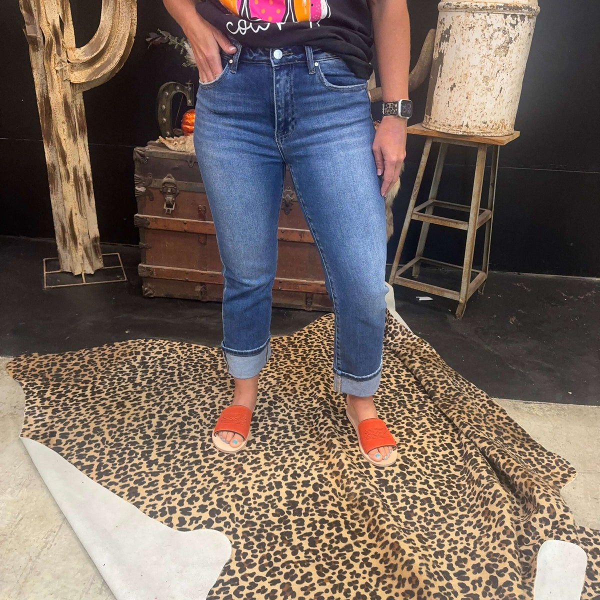 Medium Wash No Hole Risen Straight Cuffed Perfect Jeans - Country Lace Boutique