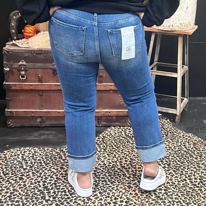 Medium Wash No Hole Risen Straight Cuffed Perfect Jeans - Country Lace Boutique