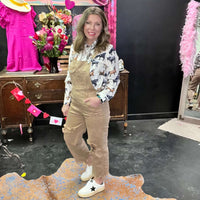 Mocha Khaki Risen Overalls Crop Jeans - Country Lace Boutique