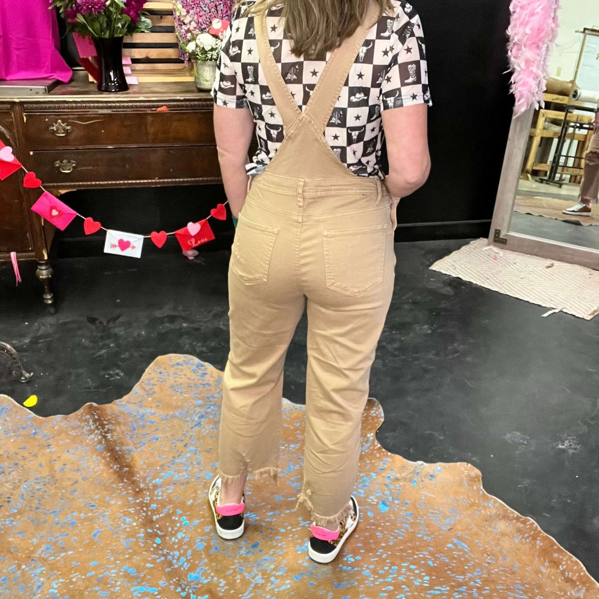 Mocha Khaki Risen Overalls Crop Jeans - Country Lace Boutique