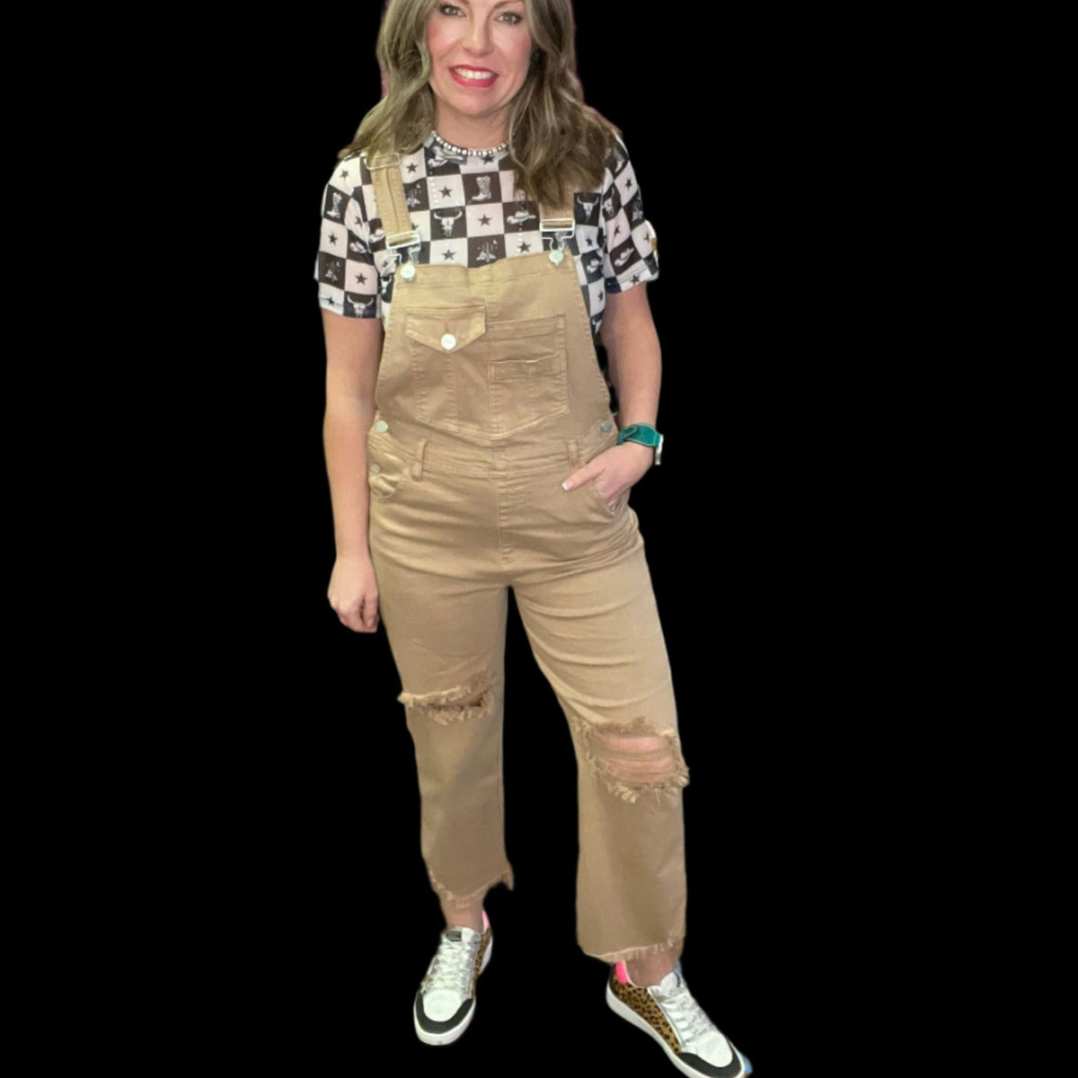 Mocha Khaki Risen Overalls Crop Jeans - Country Lace Boutique