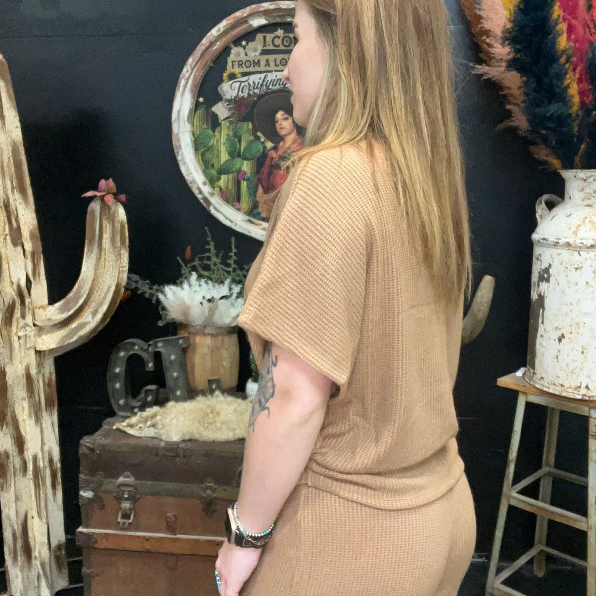 Mocha Tan waffle Dolman Short Sleeve Sweater Top - Country Lace Boutique