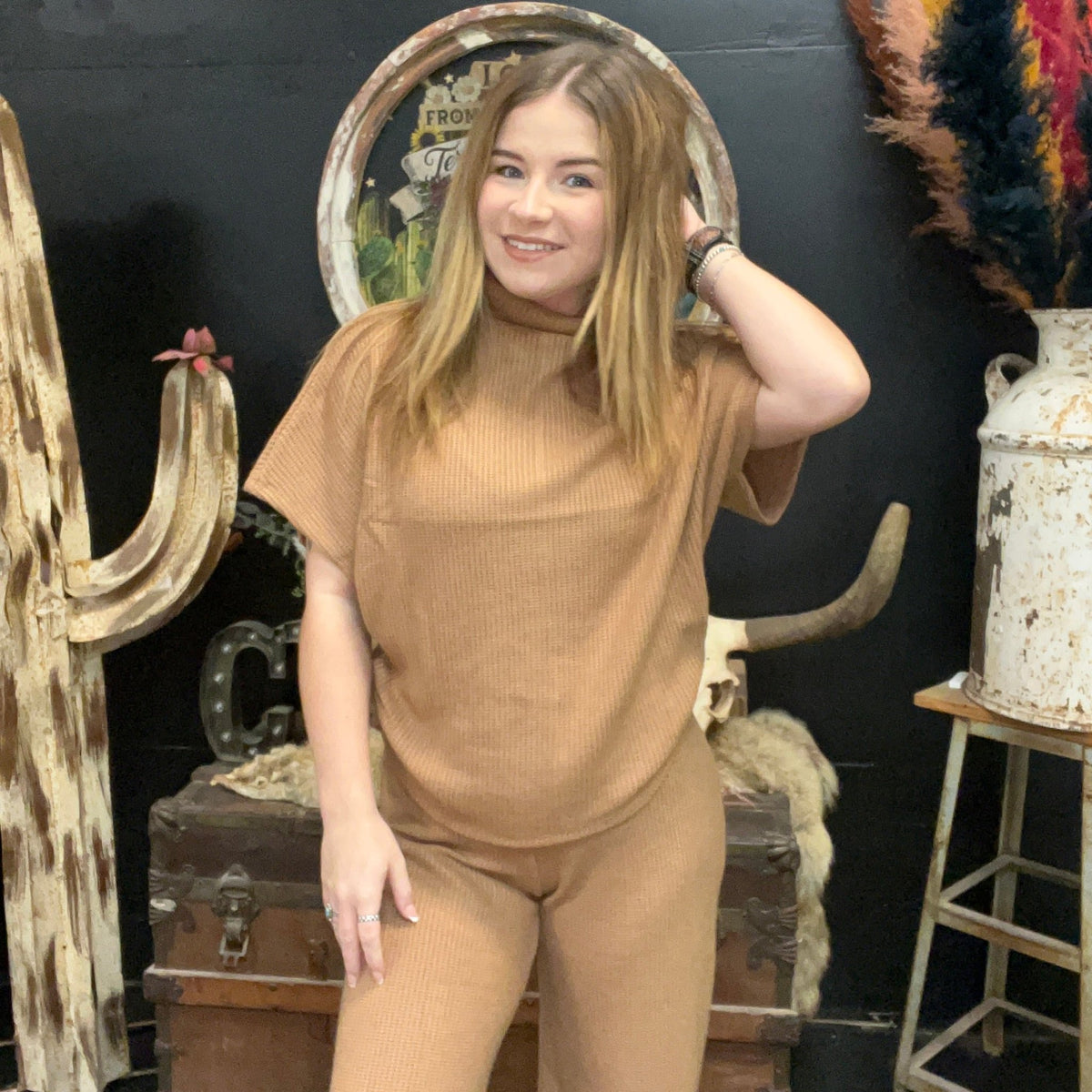 Mocha Tan waffle Dolman Short Sleeve Sweater Top - Country Lace Boutique