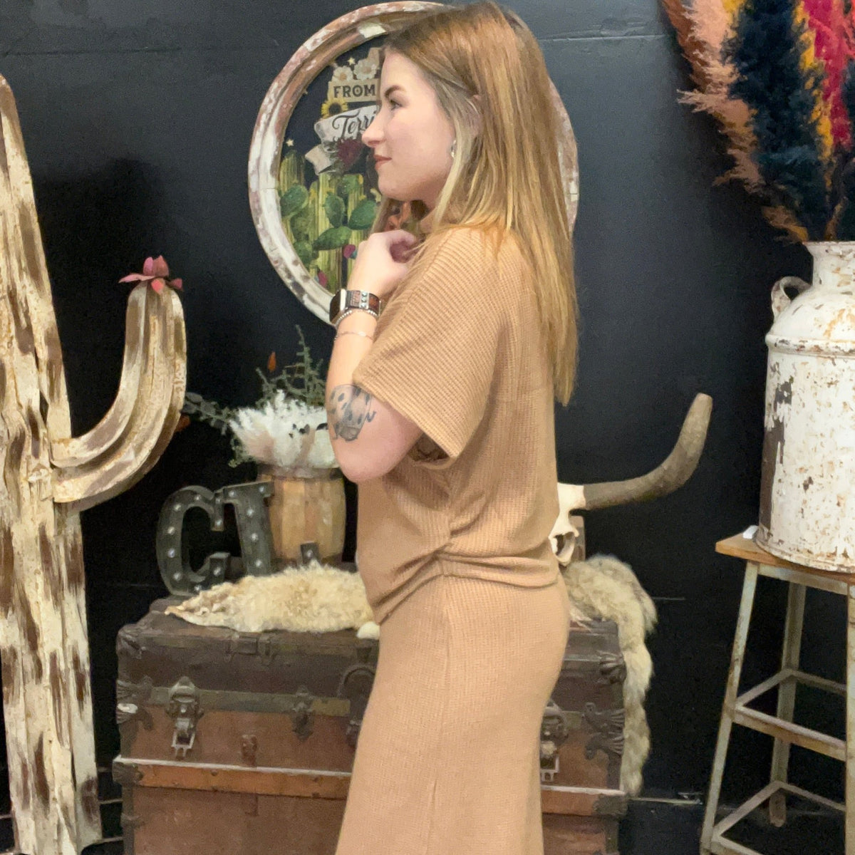 Mocha Tan waffle Dolman Short Sleeve Sweater Top - Country Lace Boutique