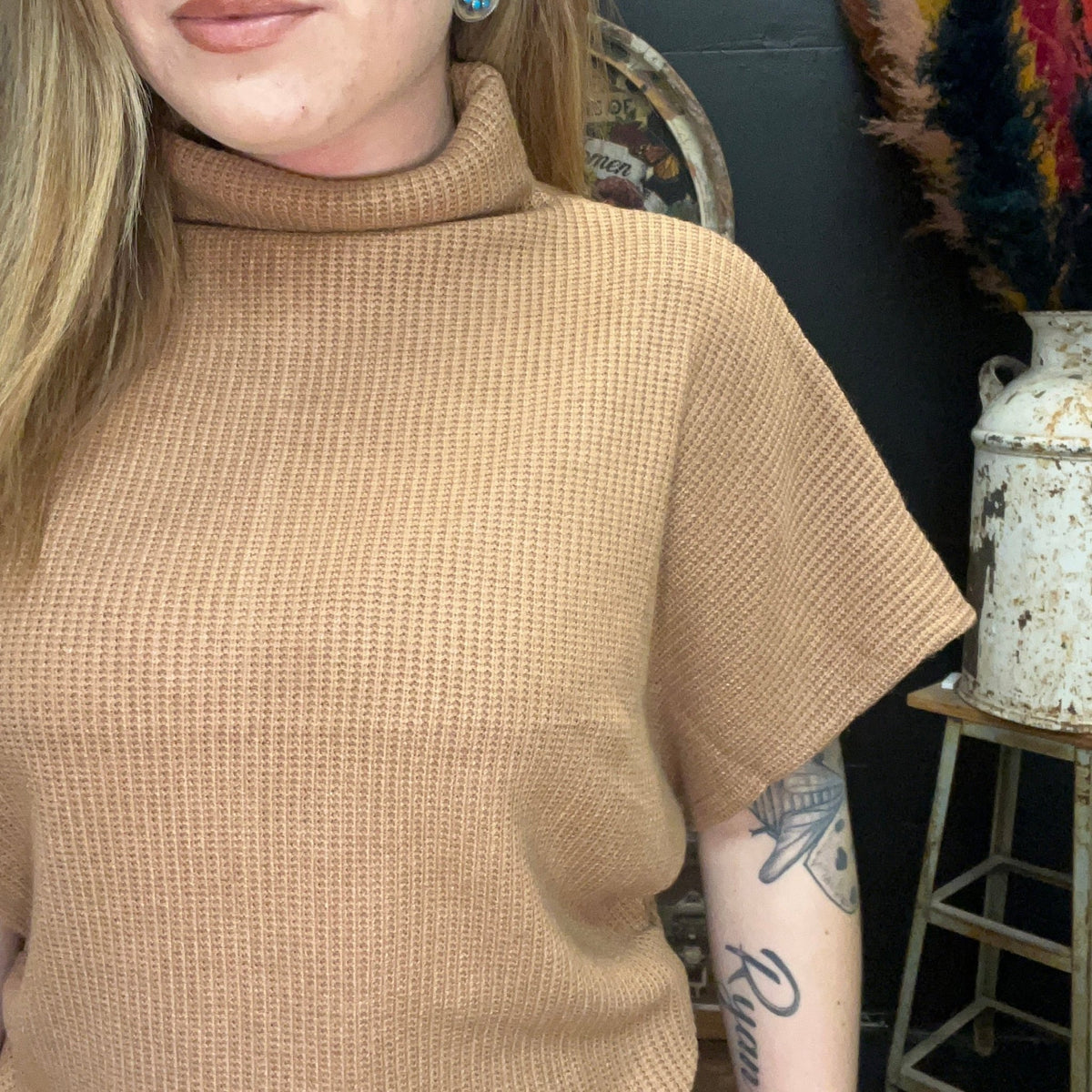 Mocha Tan waffle Dolman Short Sleeve Sweater Top - Country Lace Boutique