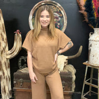 Mocha Tan waffle Dolman Short Sleeve Sweater Top - Country Lace Boutique