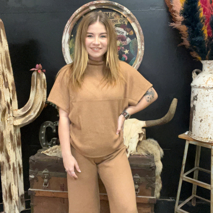 Mocha Tan waffle Dolman Short Sleeve Sweater Top - Country Lace Boutique