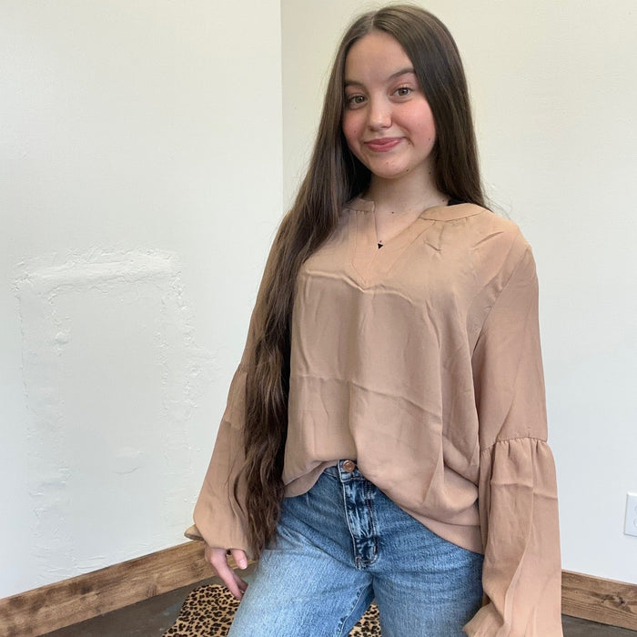 Mocha V Neck with Bubble Long Sleeve Blouse Top - Country Lace Boutique