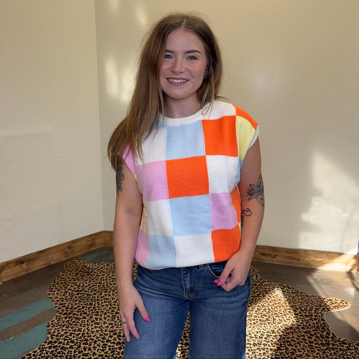 Multi Checker Rib Knit Sweater Vest - Country Lace Boutique