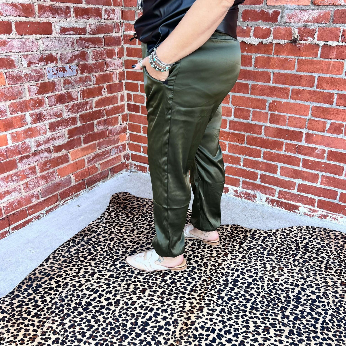 Olive Cargo Satin Joggers | X - Small - Country Lace Boutique