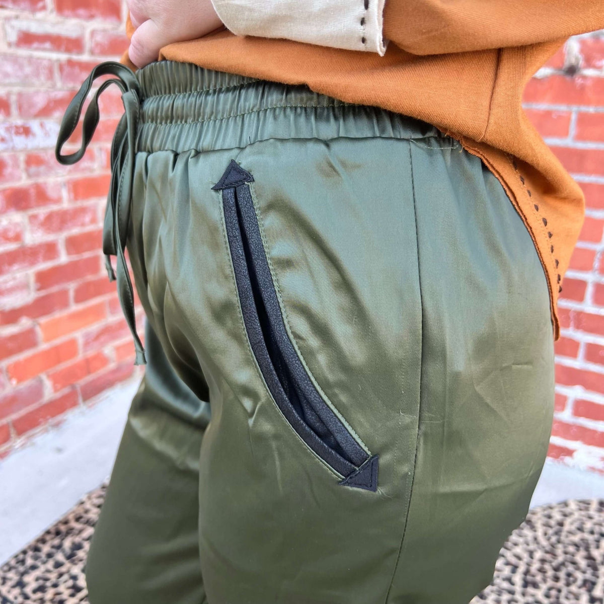 Olive Cargo Satin Joggers | X - Small - Country Lace Boutique