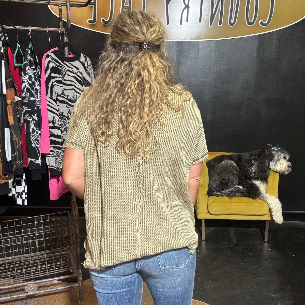 Olive Inside Out Waffle Shortsleeve Top - Country Lace Boutique