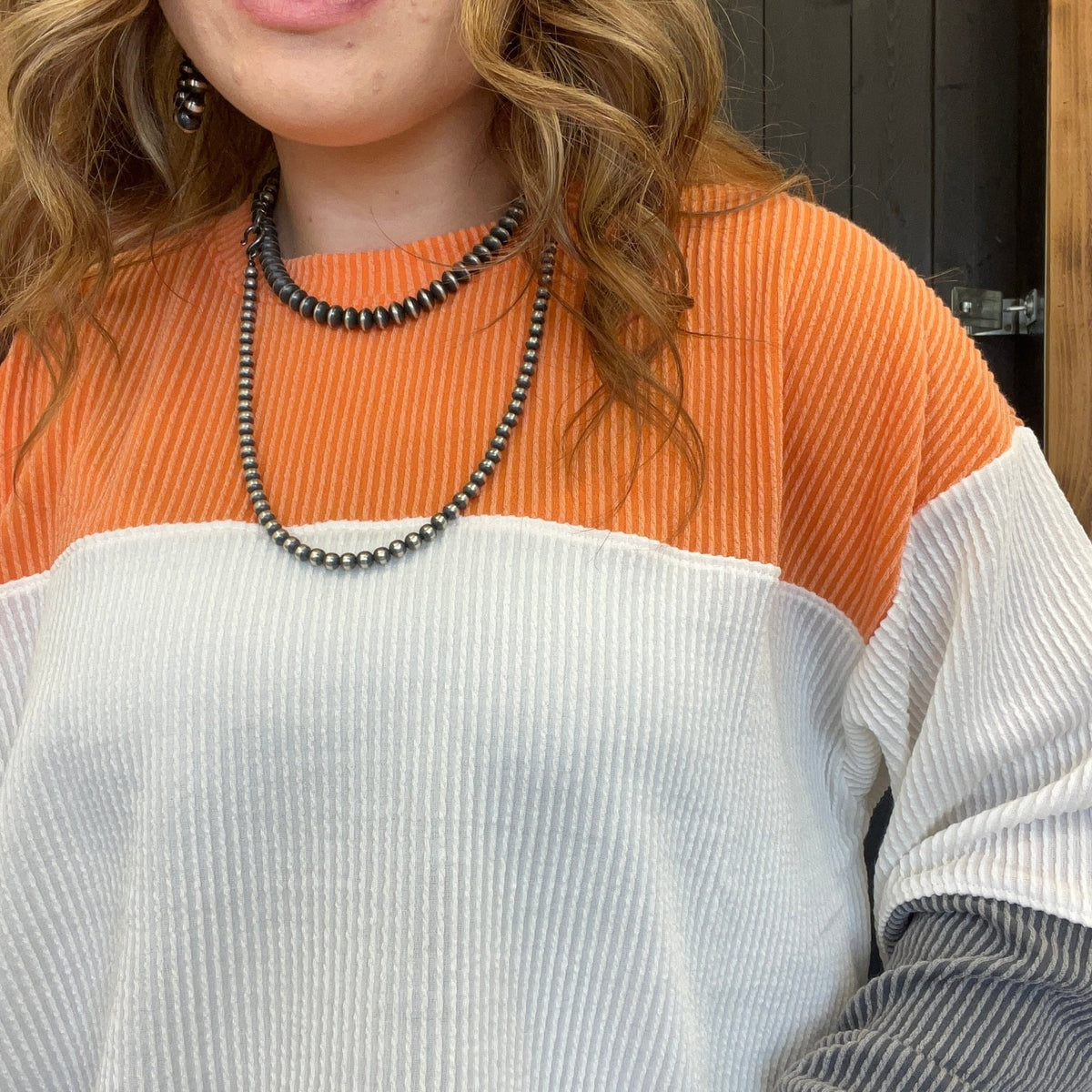 Orange White & Charcoal Gray Ribbed Color Block Long Sleeve Shirt - Country Lace Boutique