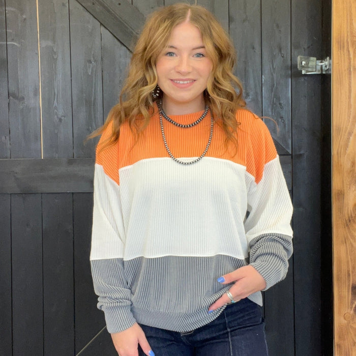 Orange White & Charcoal Gray Ribbed Color Block Long Sleeve Shirt - Country Lace Boutique