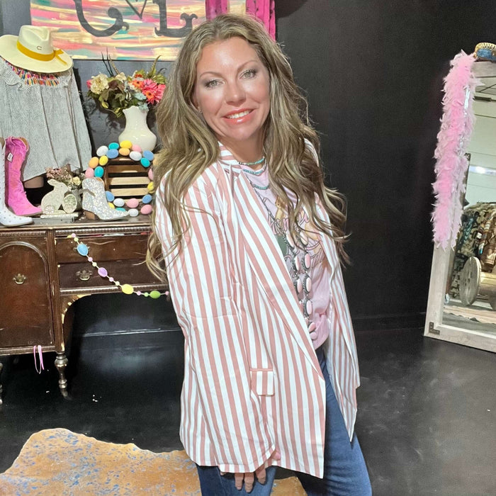 Pink and White Striped Blazer - Country Lace Boutique