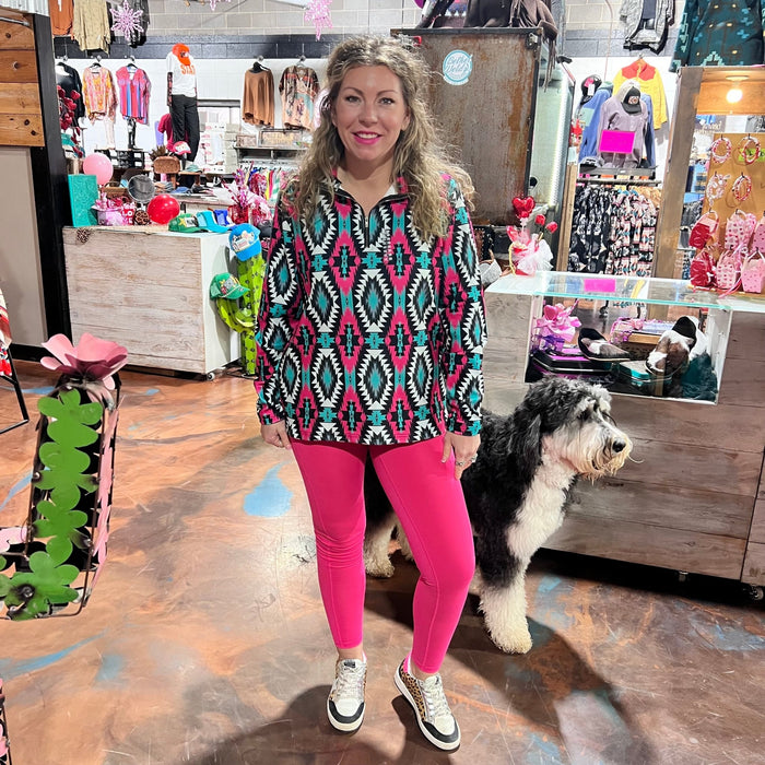 Pink Black & Turquoise Montezuma Pullover - Country Lace Boutique