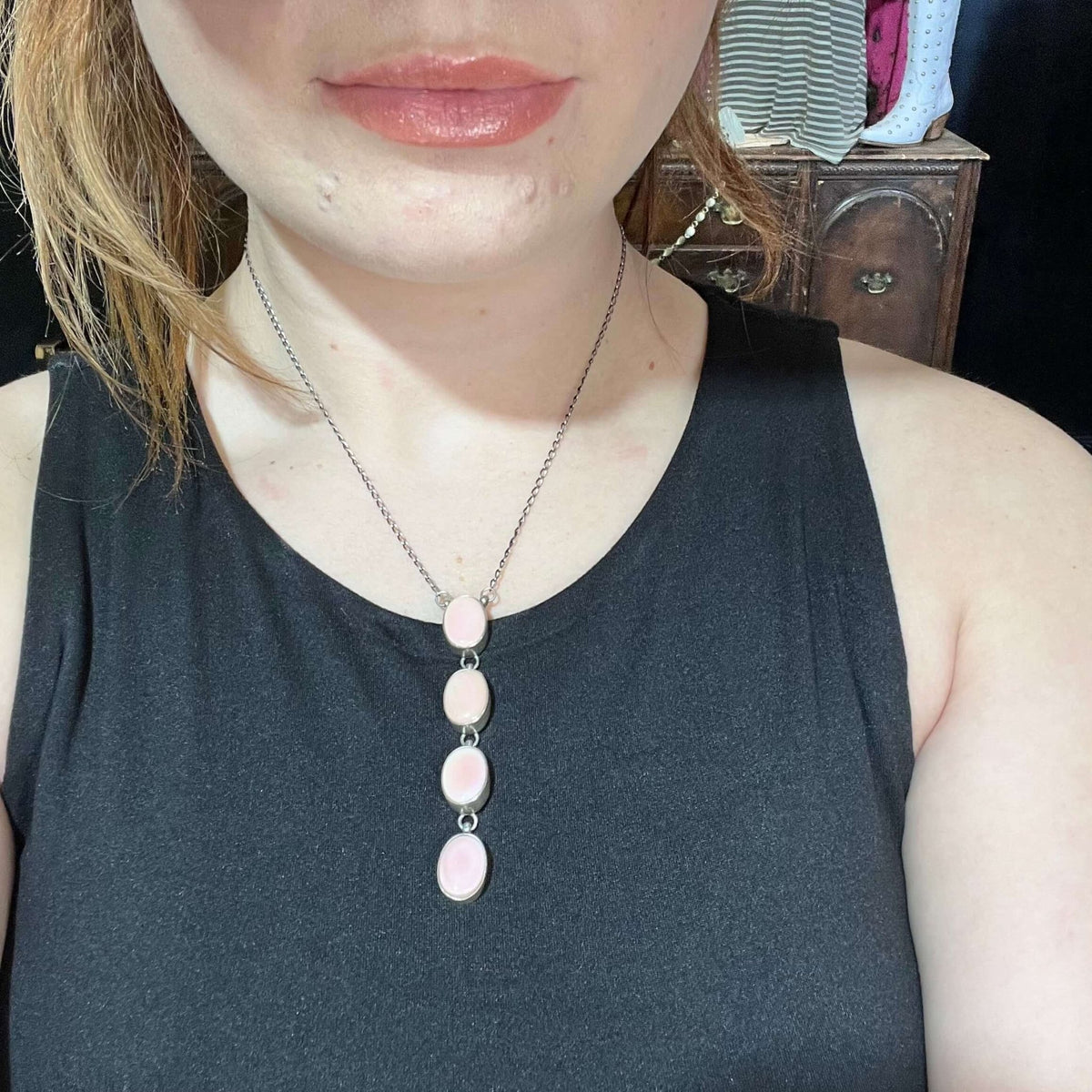 Pink Conch 4 Stone Drop Sterling Silver Necklace - Country Lace Boutique