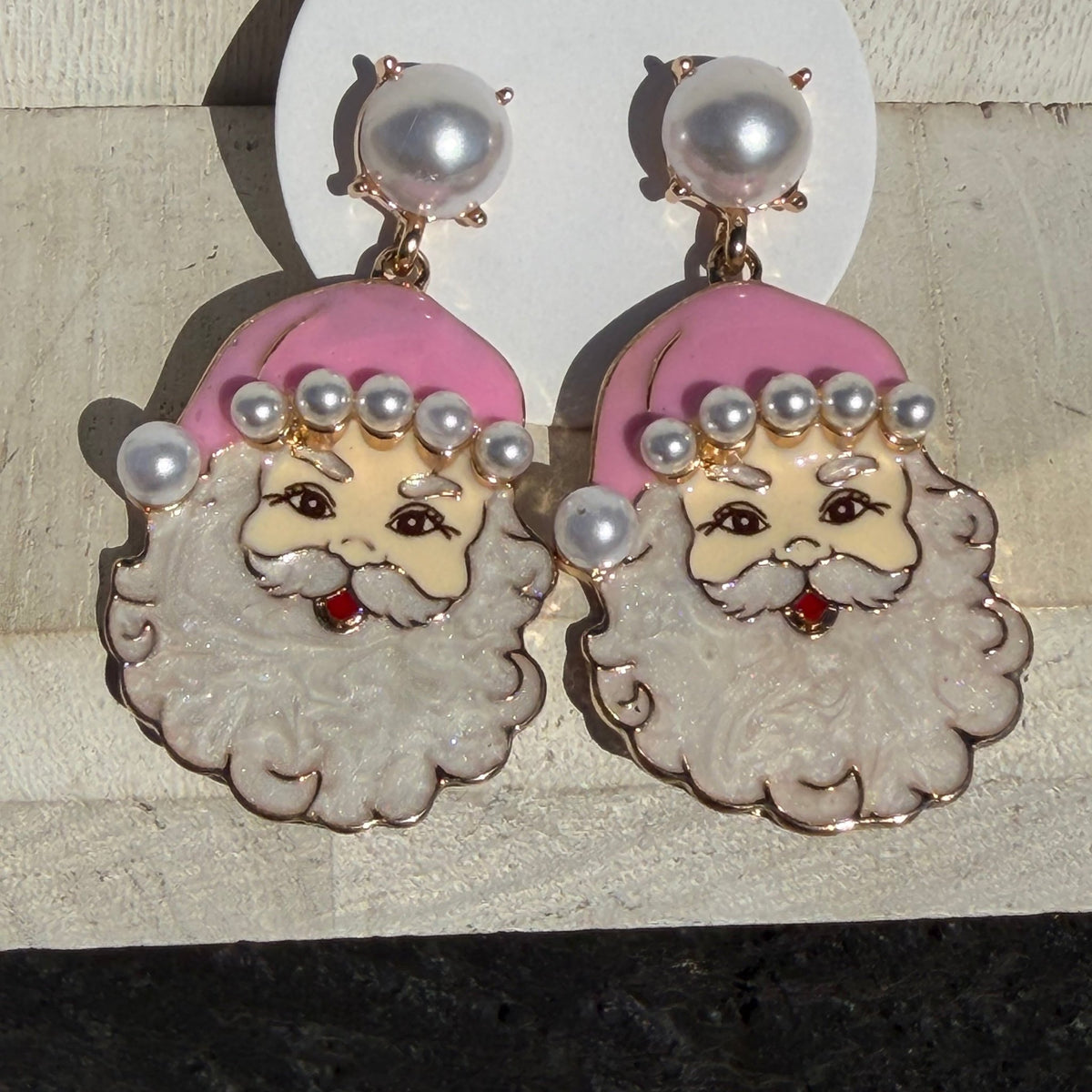Pink Santa w/ Pearl Detail Dangle Fashion Earrings - Country Lace Boutique