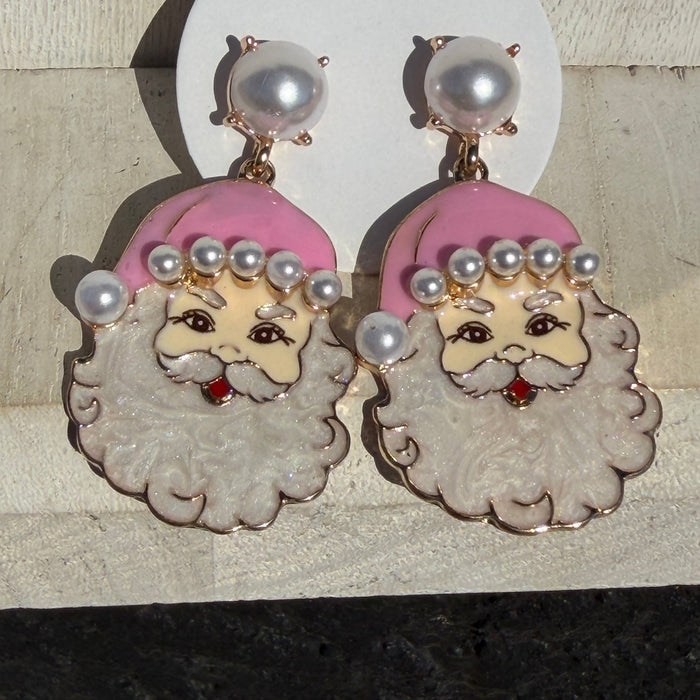 Pink Santa w/ Pearl Detail Dangle Fashion Earrings - Country Lace Boutique