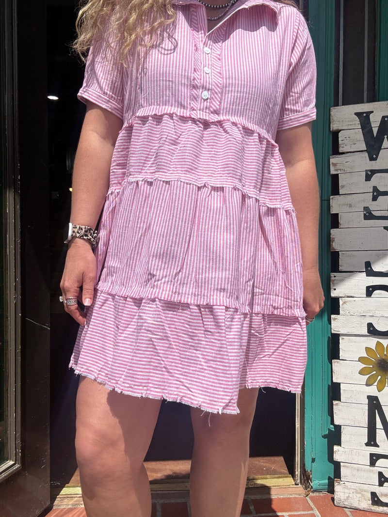 Pink & White Stripe V Neck Ruffle Short Dress  Country Lace Boutique