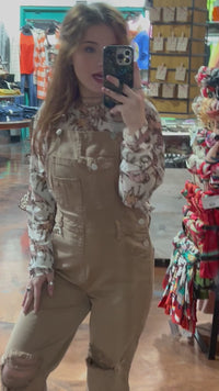 Mocha Khaki Risen Overalls Crop Jeans