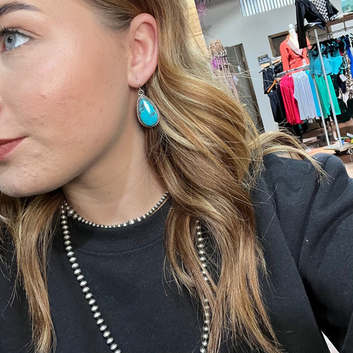 Rare Kingman Turquoise Tear Drop French Hook Sterling Silver Earring - Country Lace Boutique