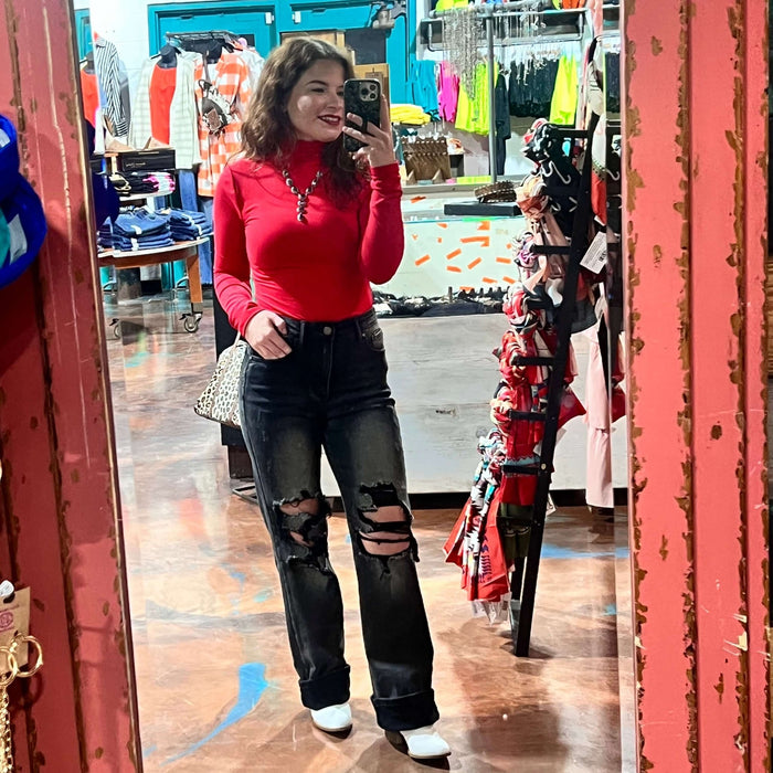 Red Mock Turtle Neck Bodysuit Top - Country Lace Boutique