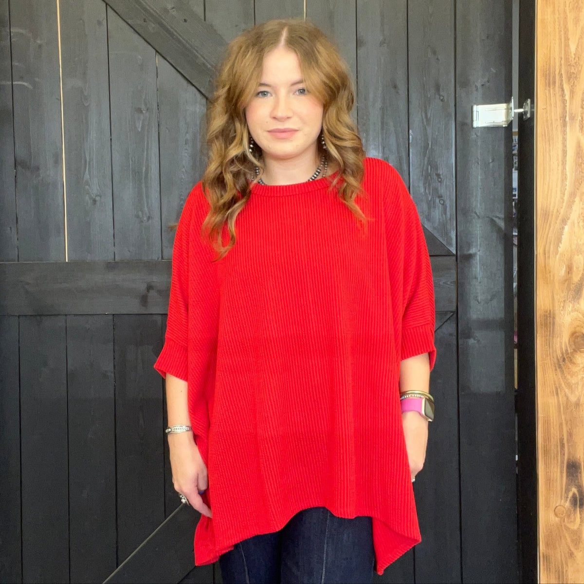 Red Ribbed Dolman Shortsleeve Top - Country Lace Boutique