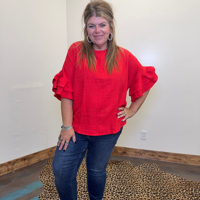 Red Round Neck Short Ruffle Sleeves Top - Country Lace Boutique