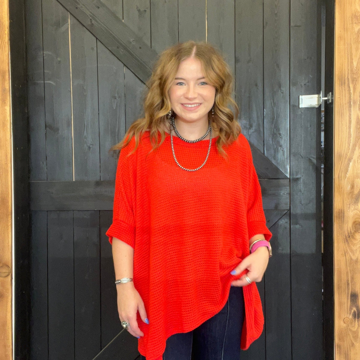 Red Waffle Dolman Short Sleeve Top - Country Lace Boutique