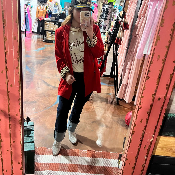 Red With Animal Print Lined Blazer - Country Lace Boutique