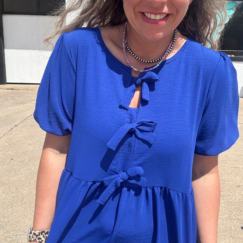 Royal Blue Bubble Sleeve Tie Front Knee Length Dress Country Lace Boutique Royal Blue Bubble Sleeve Tie Front Knee Length Dress Country Lace Boutique