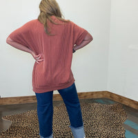 Rust Orange Ribbed Oversized Round Neck Short Sleeve Shirt - Country Lace Boutique