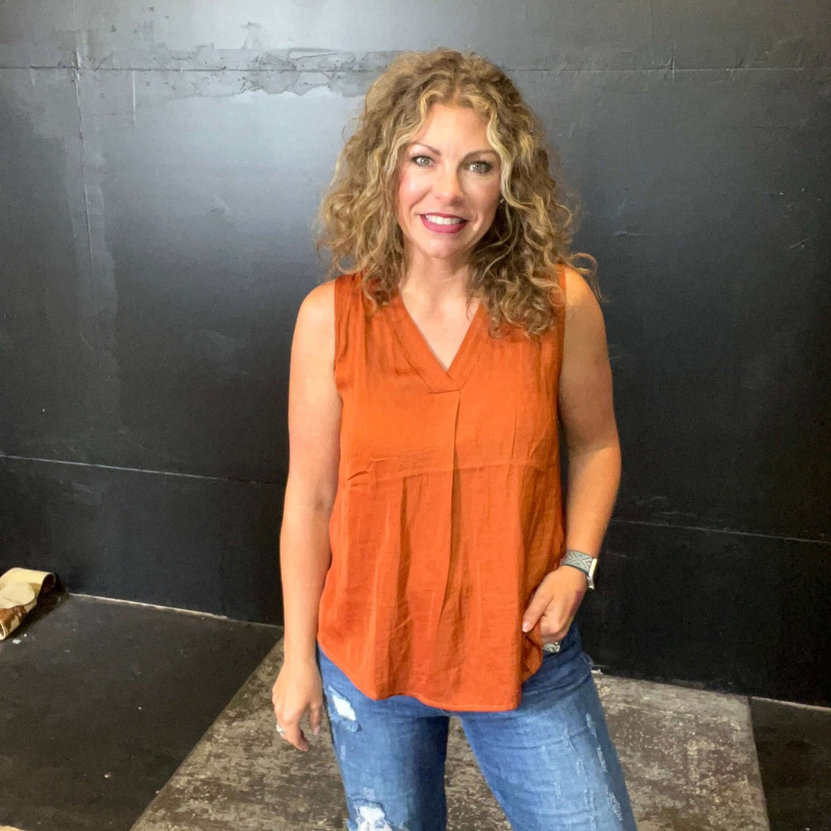 Rust V Neck Sleeveless Top - Country Lace Boutique