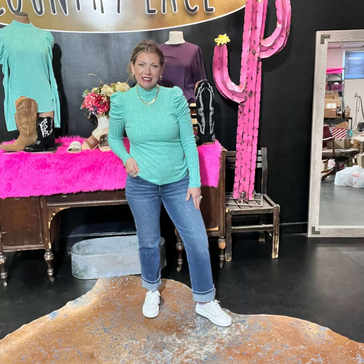 Seafoam Green Ruffle Shoulder Long Sleeve - Country Lace Boutique