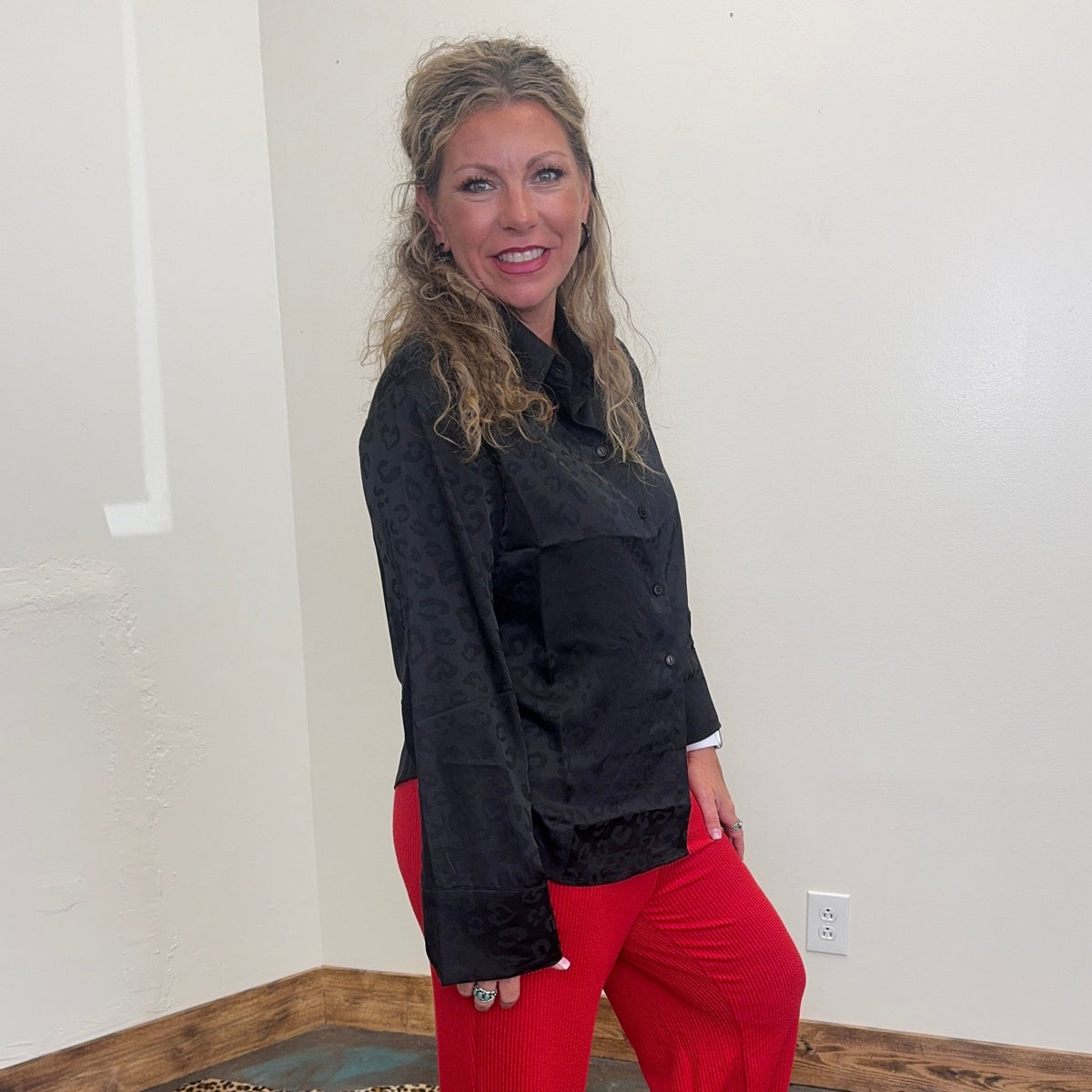 Silky Black Leopard Long Sleeve Button Up Top - Country Lace Boutique