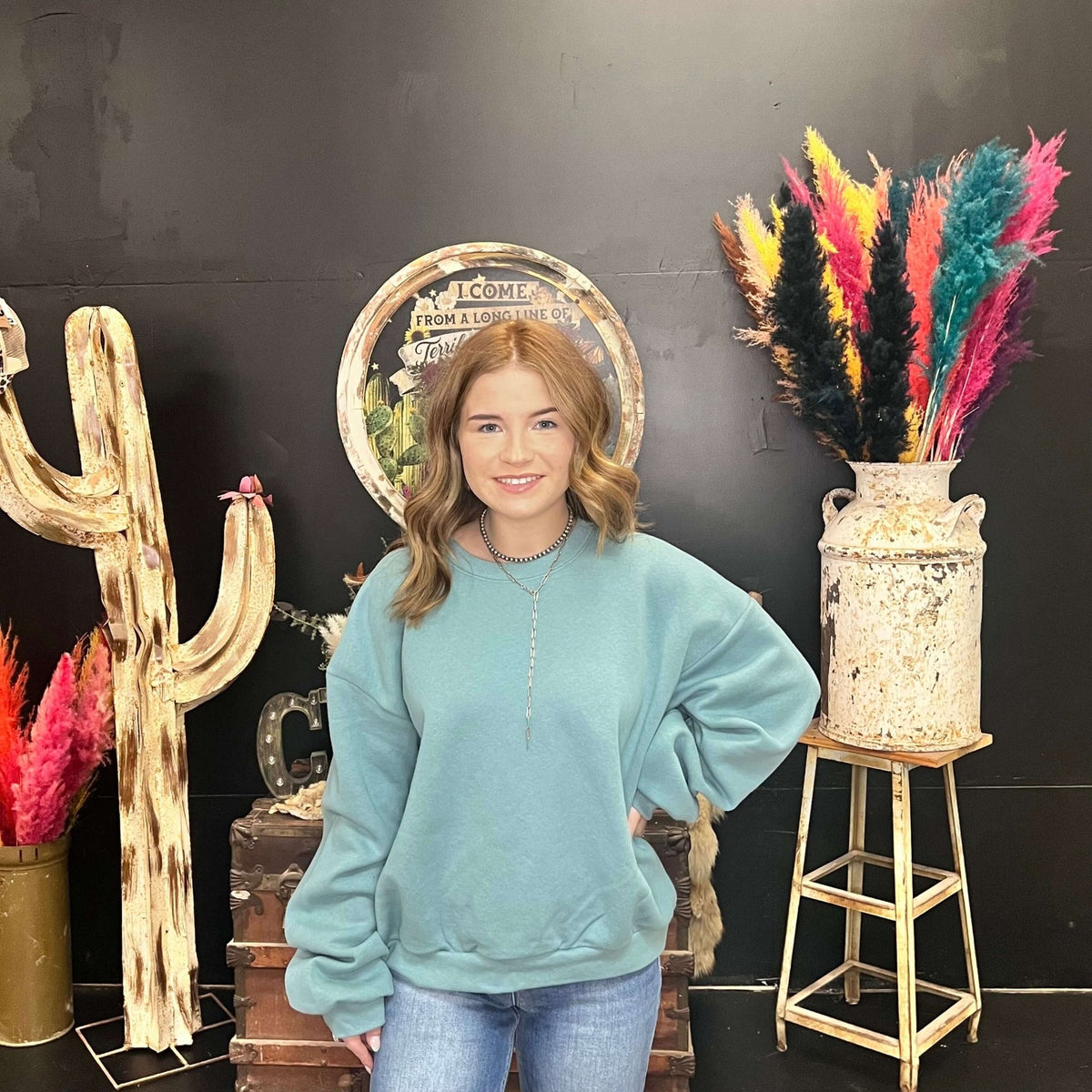 Slate Blue/Green Crop Sweatshirt - Country Lace Boutique
