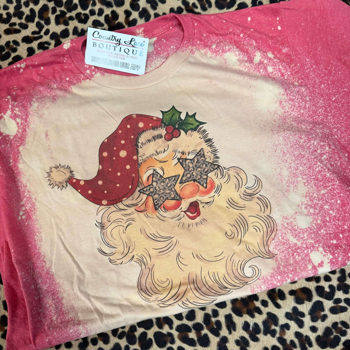 Small Christmas Animal Print Star Eyes Bleached Red T-shirt - Country Lace Boutique