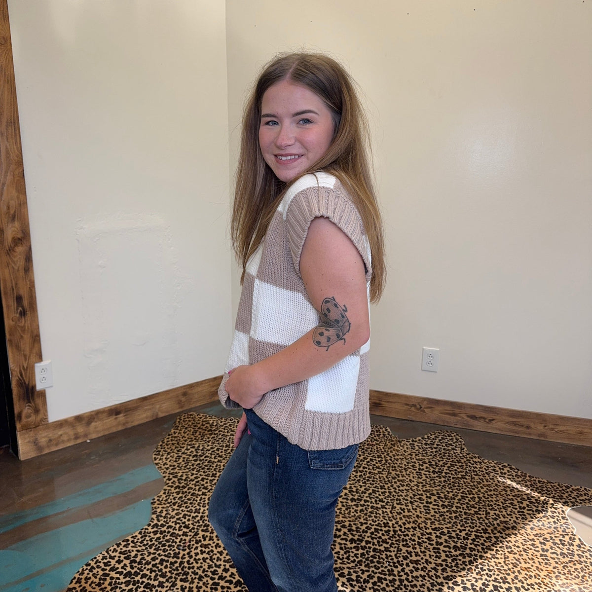 Tan & White V Neck Checker Sweater Vest - Country Lace Boutique