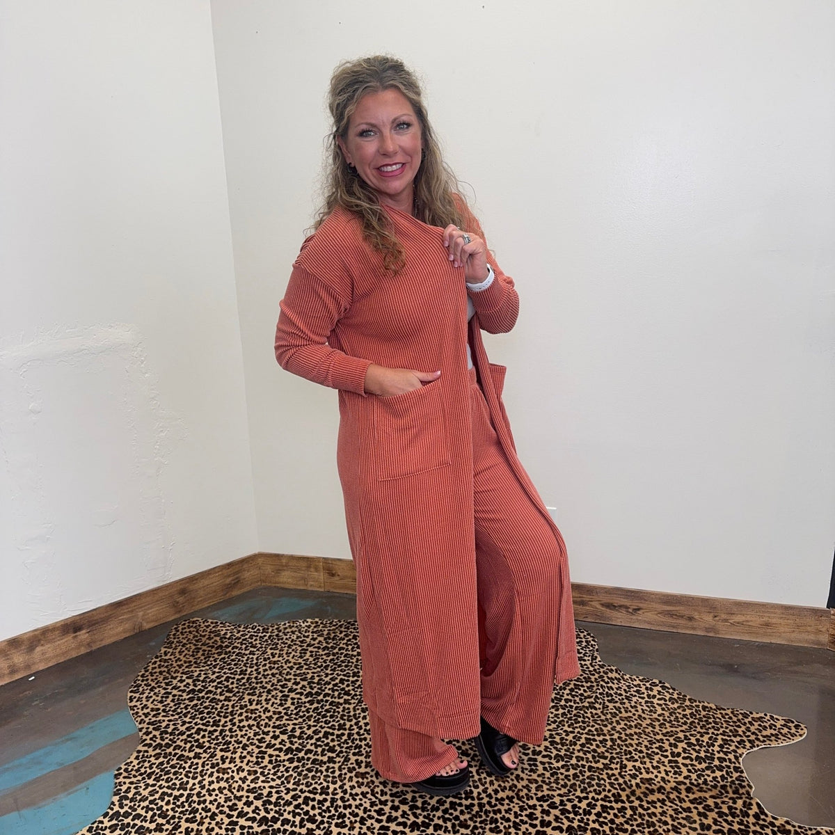Terracotta Orange Ribbed Duster Cardigan - Country Lace Boutique