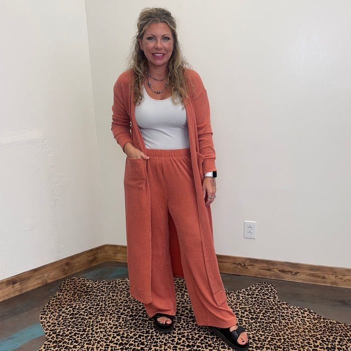Terracotta Orange Ribbed Duster Cardigan - Country Lace Boutique