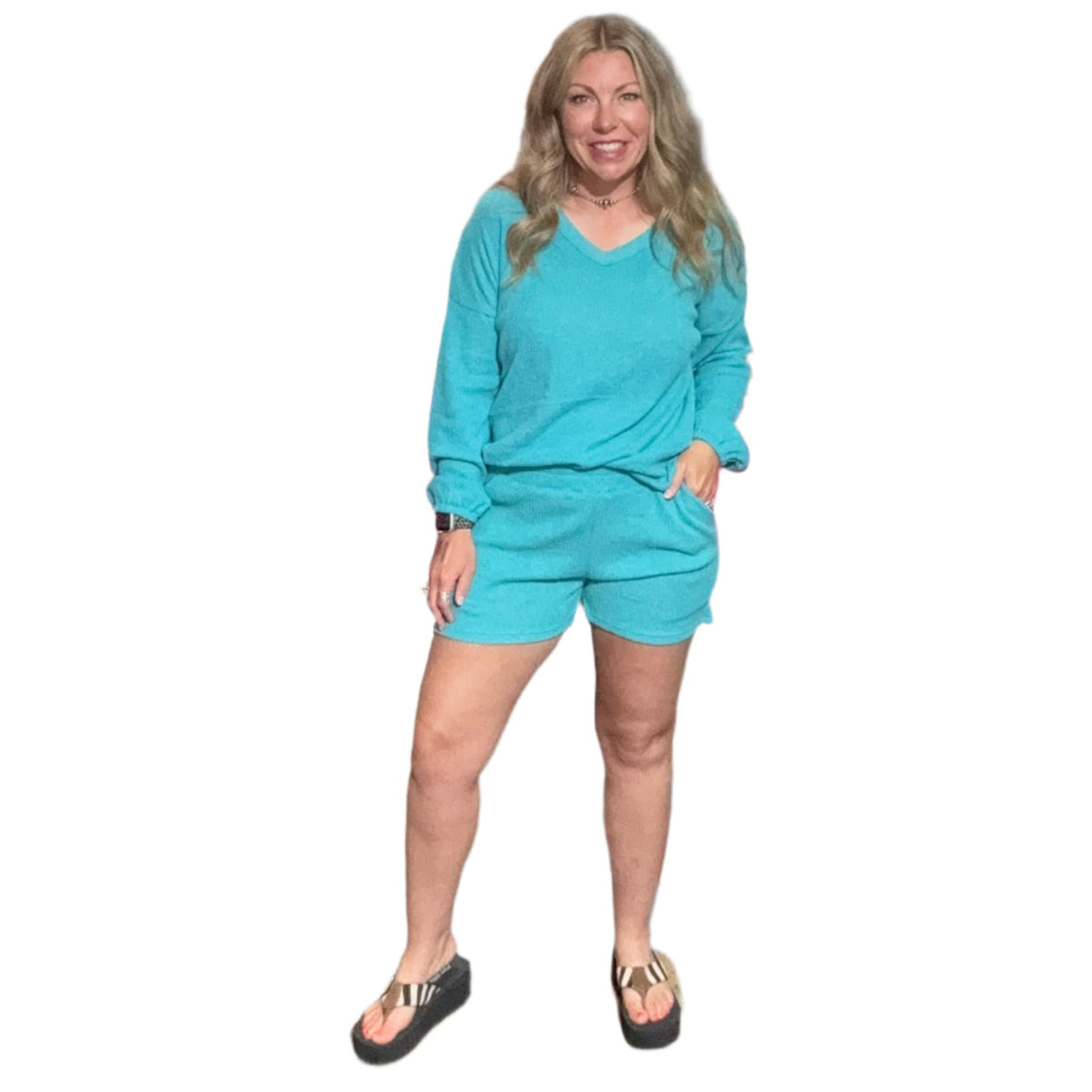 Turquoise Comfy Set Long Sleeve Top w/ Pockets Shorts - Country Lace Boutique