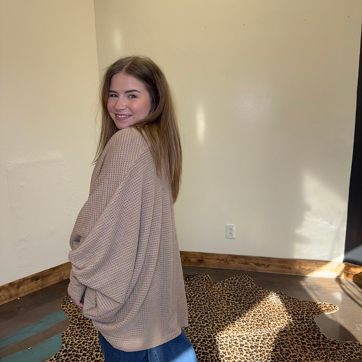 Waffle Tan Mocha Long Sleeve Dolman Cardigan - Country Lace Boutique