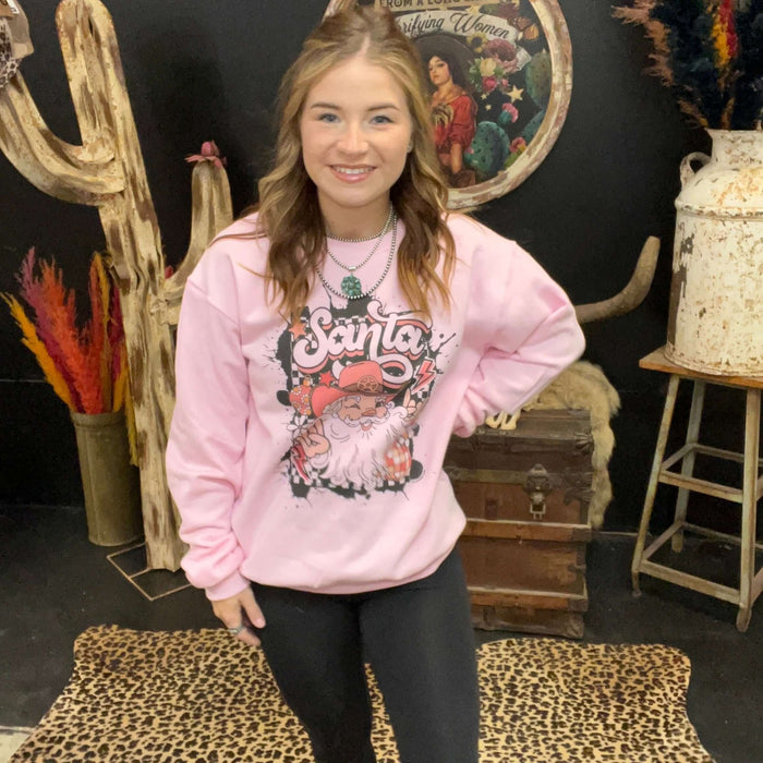 WESTERN Cowboy Santa Pink Sweatshirt - Country Lace Boutique