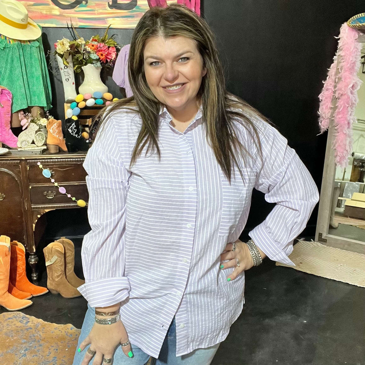 Purple Striped Button Down Top