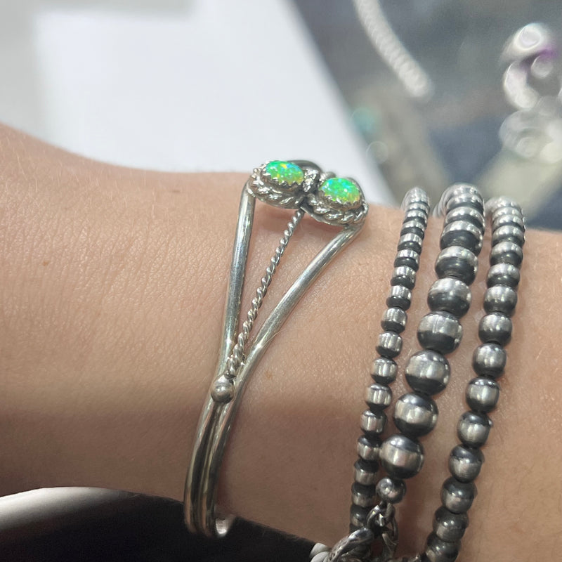 2 Stone Lime Green Opal Cuff Genuine Bracelet