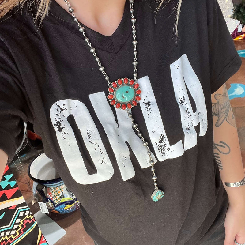 Authentic Red Spiny & Turquoise Cluster Lariat with Contemporary Navajo Pearls Sterling Silver Necklace