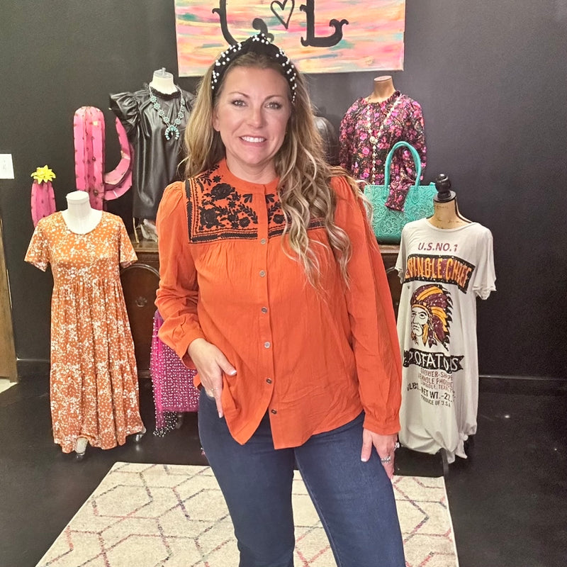 Rust Orange Embroidered Button Top